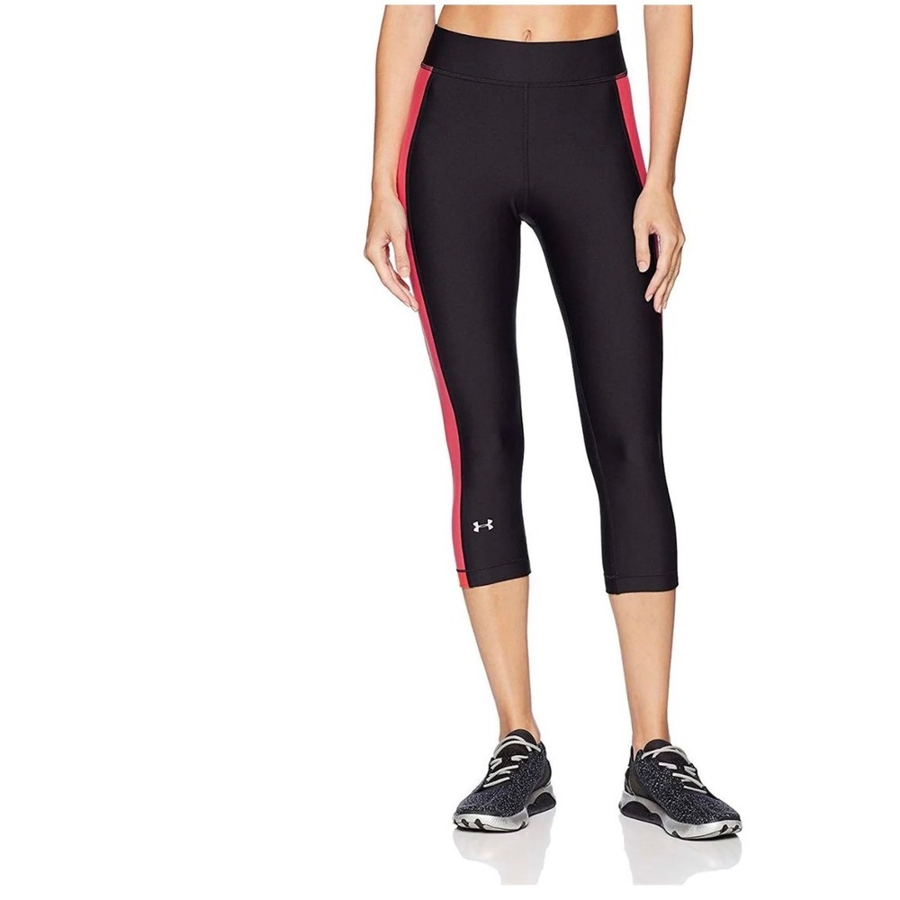 Under Armour HeatGear Compression Leggings Black Pink Stripe Capri Womens Large